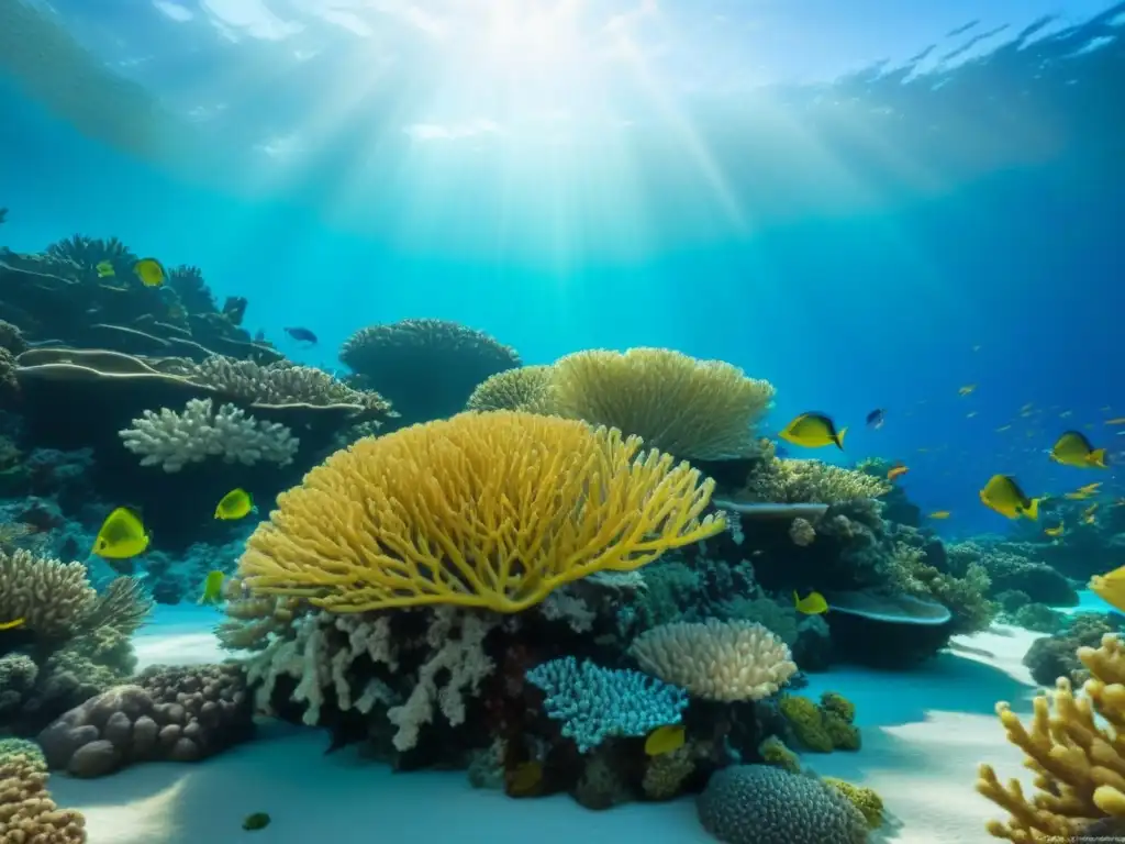 Un arrecife de coral vibrante y lleno de vida marina, bajo el agua turquesa