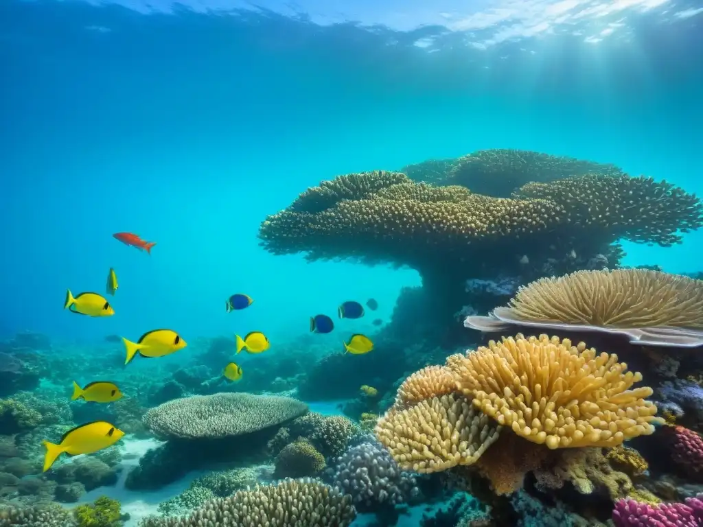 Un arrecife de coral vibrante lleno de peces coloridos en un océano turquesa cristalino