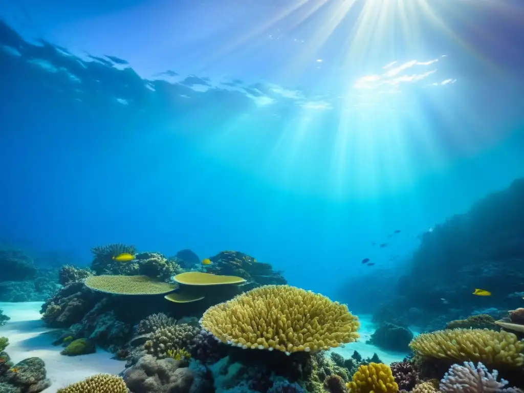 Un arrecife de coral vibrante lleno de peces coloridos bajo el agua, iluminado por el sol