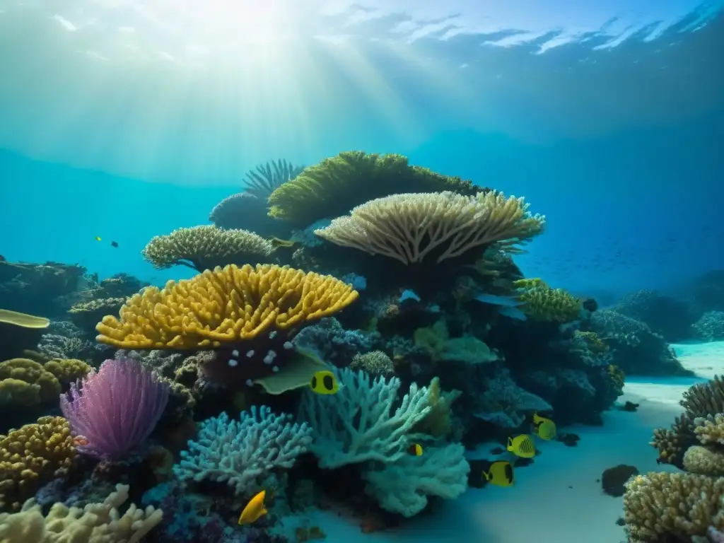 Un arrecife de coral vibrante y lleno de vida marina, transmitiendo la importancia de proteger la biodiversidad marina