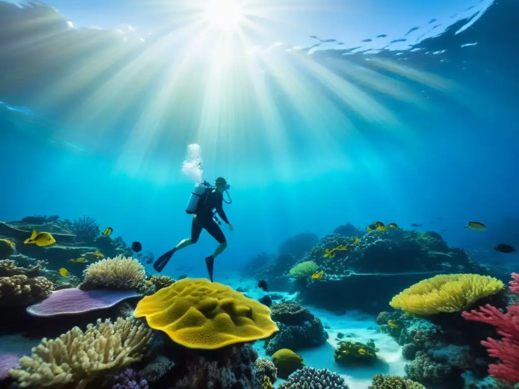 Un arrecife de coral vibrante lleno de peces coloridos y plantas marinas ondeantes bajo aguas cristalinas