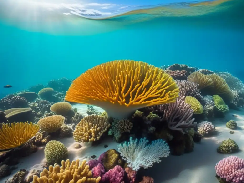 Un arrecife de coral vibrante y lleno de peces coloridos en aguas turquesas cristalinas