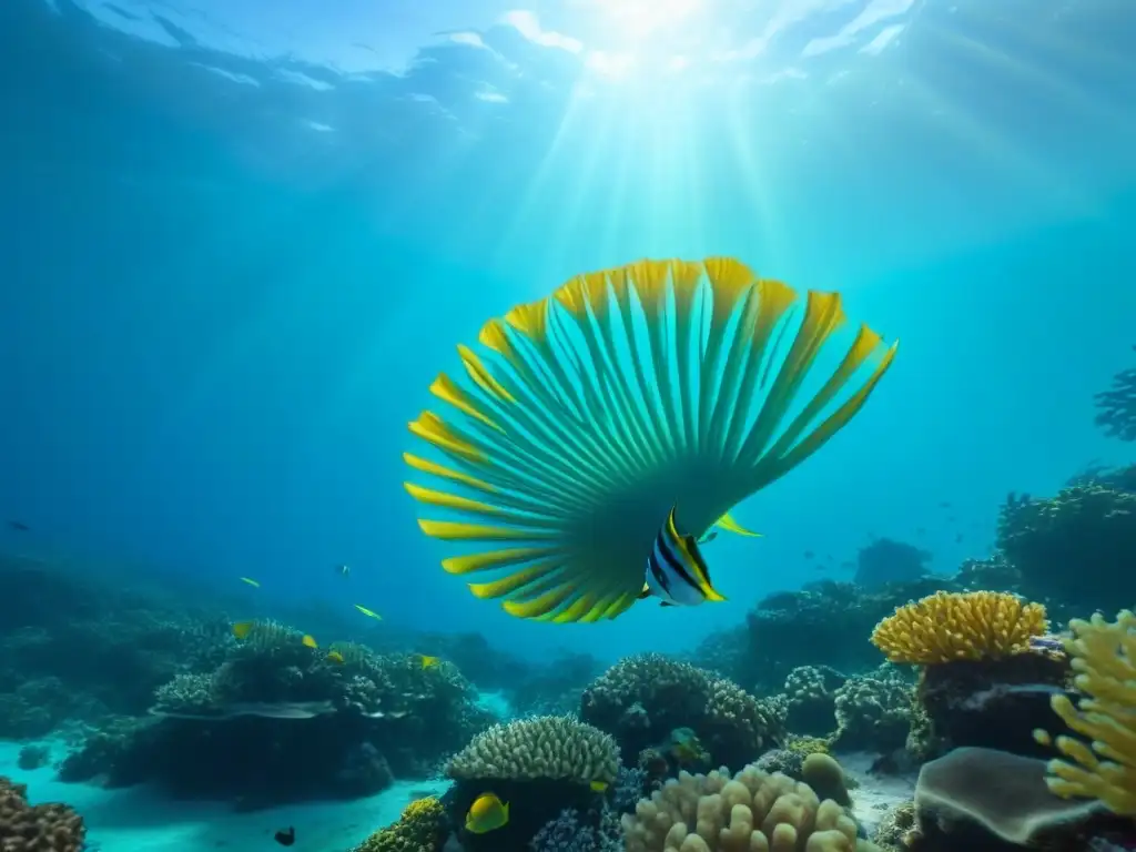 Un arrecife de coral vibrante lleno de vida marina, con peces coloridos y la luz del sol filtrándose