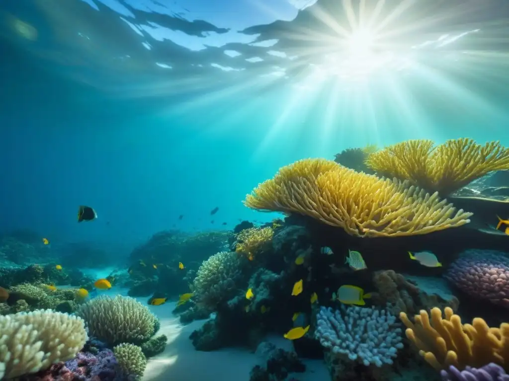 Un arrecife de coral vibrante lleno de peces coloridos y plantas marinas, bajo aguas cristalinas