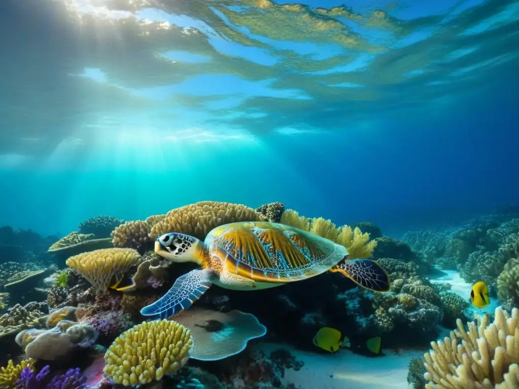 Un arrecife de coral vibrante lleno de peces coloridos y vida marina, bañado por luz solar filtrada en agua cristalina