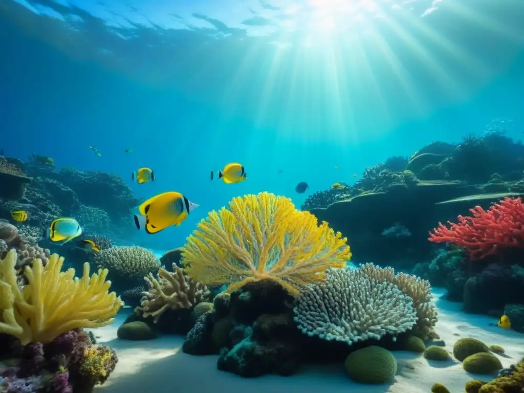 Un arrecife de coral vibrante, lleno de peces y vida marina, expone la importancia de las exposiciones marítimas cambio climático