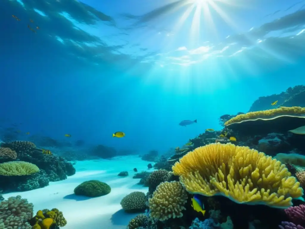 Un arrecife de coral vibrante lleno de peces coloridos, bajo el agua cristalina