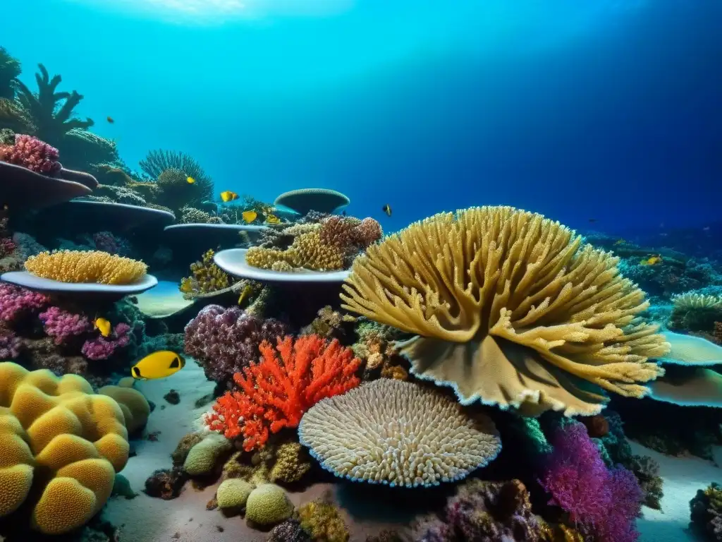 Un arrecife de coral vibrante lleno de vida marina, detalle impresionante que evoca la importancia de la conservación marina en cruceros