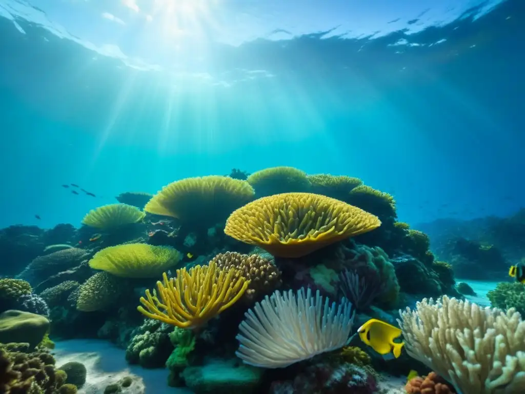 Un arrecife de coral vibrante y lleno de vida marina, reflejando la belleza de la conservación marina en cruceros