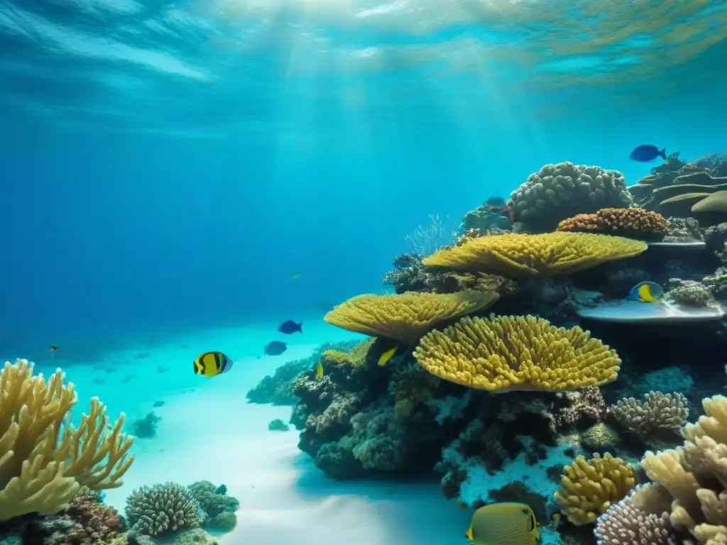 Un arrecife de coral vibrante lleno de peces coloridos y vida marina, bajo aguas turquesas cristalinas