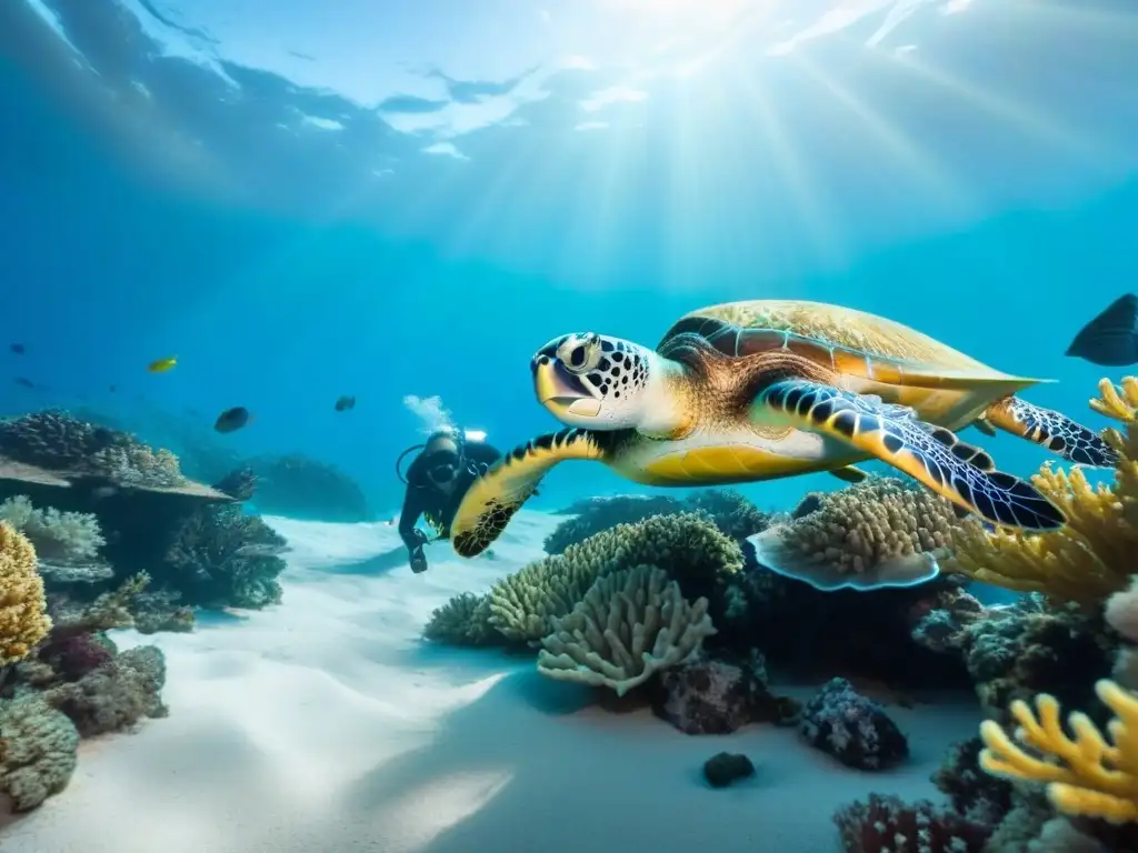 Un arrecife de coral vibrante lleno de vida marina, peces coloridos y tortugas bajo el agua cristalina