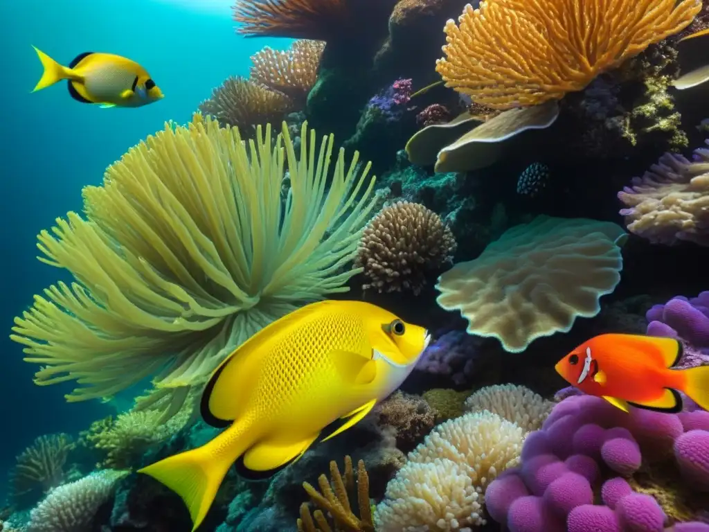 Un arrecife de coral vibrante lleno de vida marina, destacando la belleza y biodiversidad marina