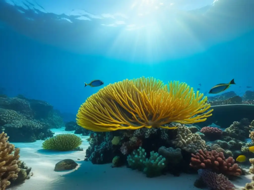 Un arrecife de coral vibrante y lleno de vida marina en un ambiente acuático sereno