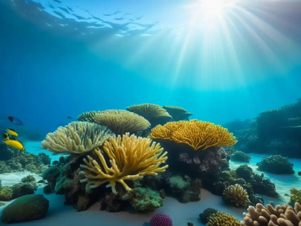 Un arrecife de coral vibrante lleno de peces coloridos interactuando en armonía en un ambiente submarino tranquilo