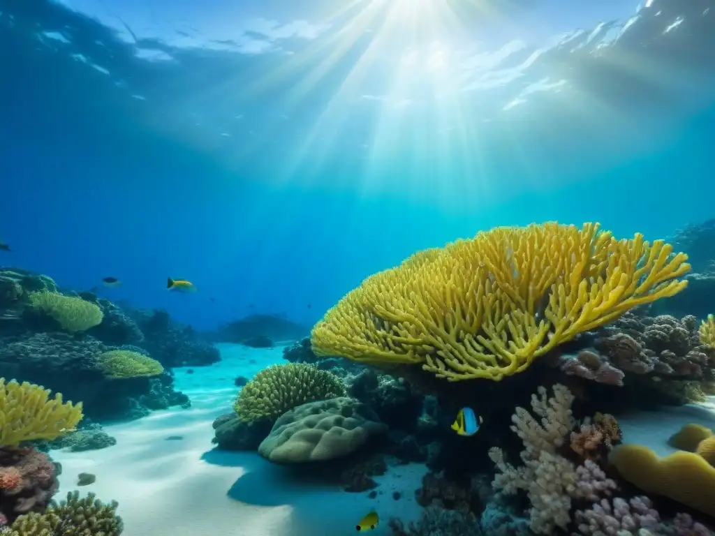 Un arrecife de coral vibrante lleno de peces coloridos en aguas cristalinas, resaltando la importancia de la conservación marina en cruceros