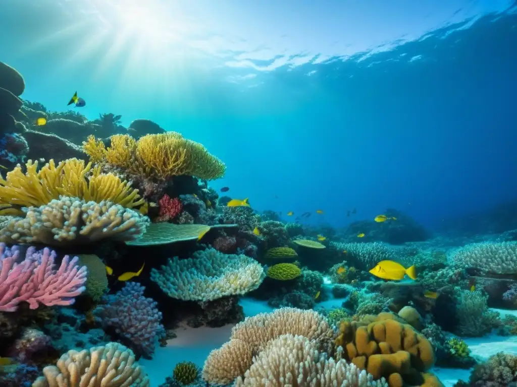 Un arrecife de coral vibrante, lleno de vida marina y coloridos peces