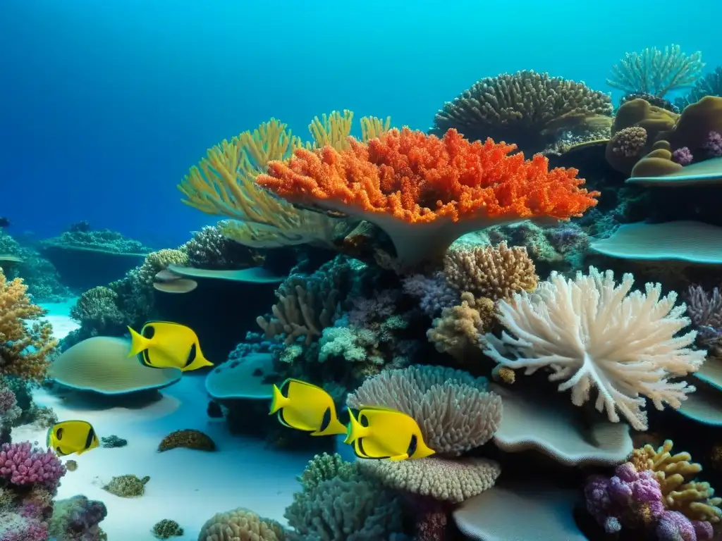 Un arrecife de coral vibrante y lleno de vida marina, resaltando la importancia de las tecnologías para la protección de arrecifes coralinos