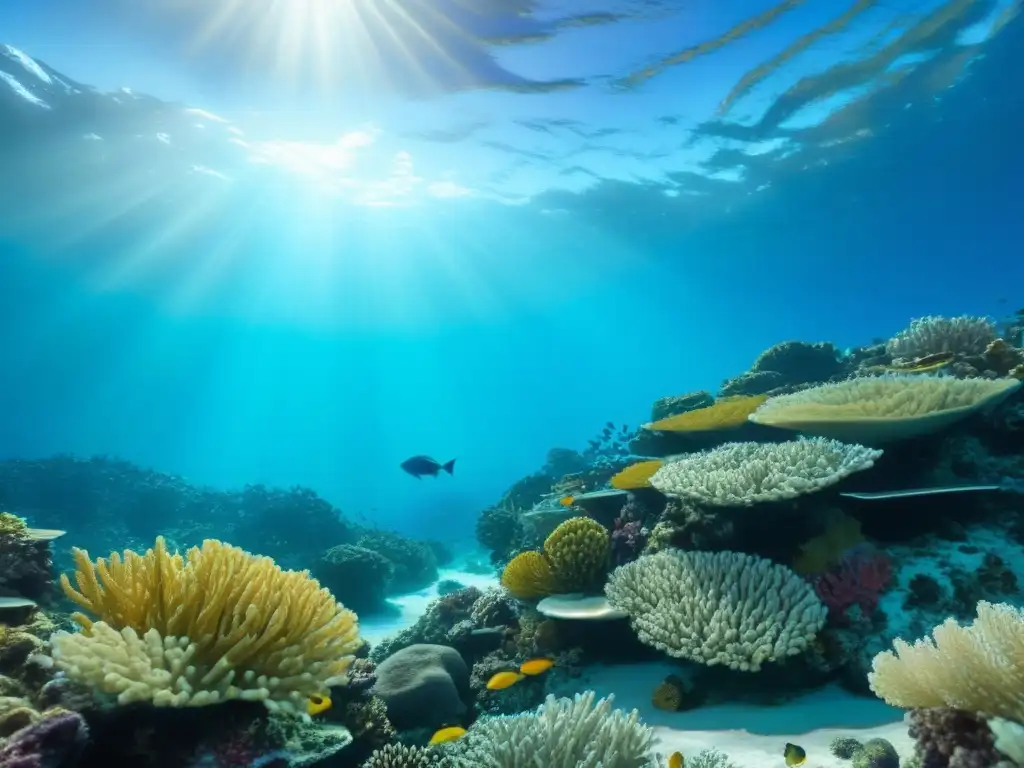 Un arrecife de coral vibrante lleno de vida marina, bajo aguas turquesas