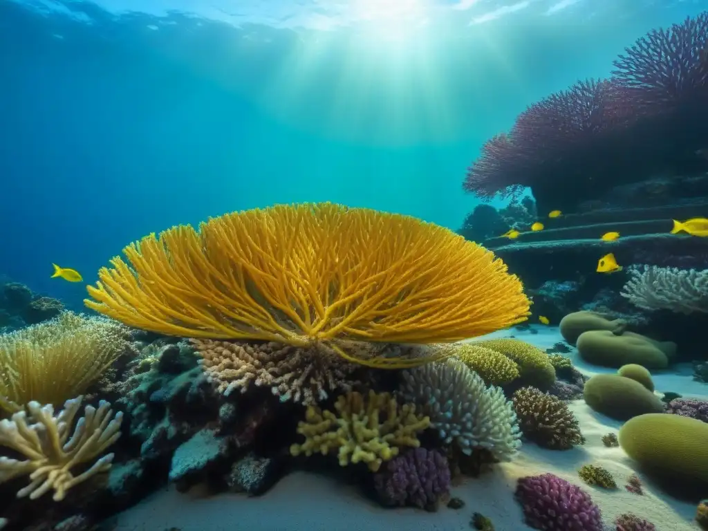 Un arrecife de coral vibrante lleno de vida marina colorida y plantas marinas ondeantes