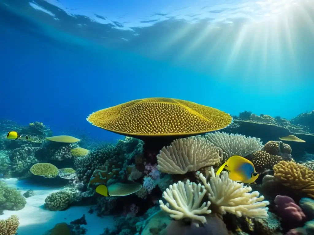 Un arrecife de coral vibrante y lleno de vida marina, bajo aguas cristalinas