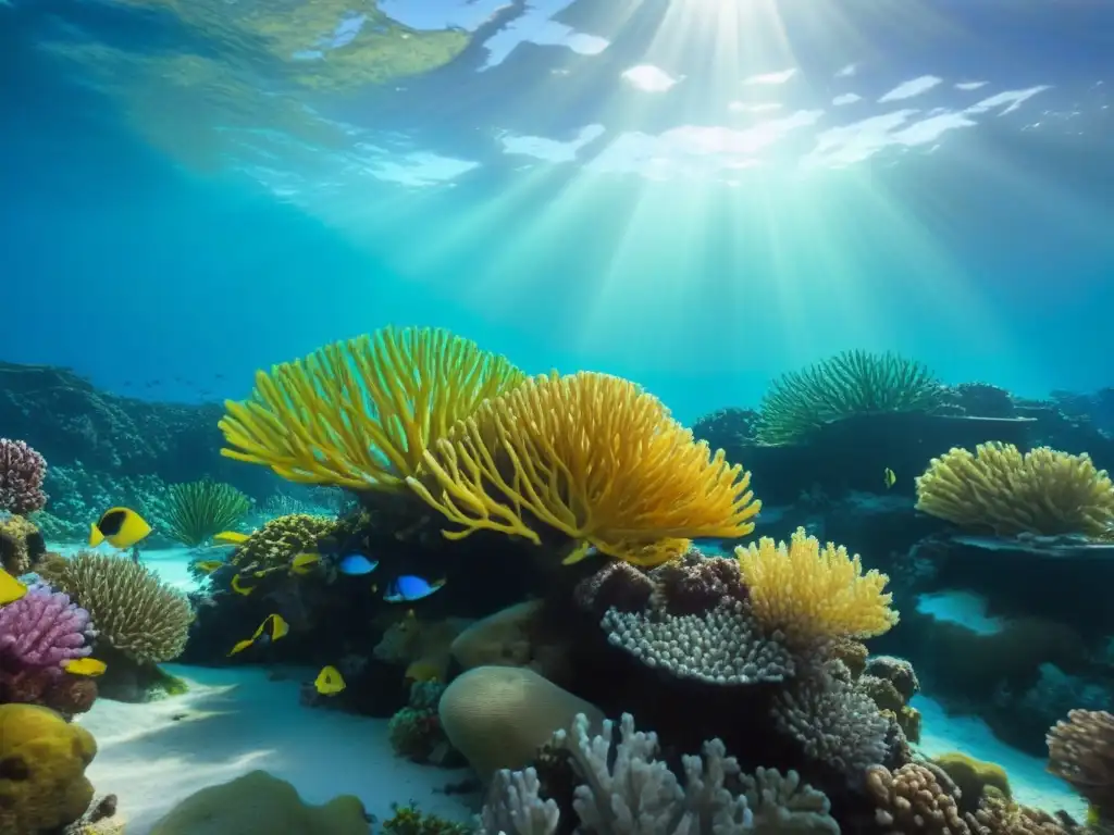 Un arrecife de coral vibrante lleno de vida marina, con impacto cruceros ecosistemas marinos