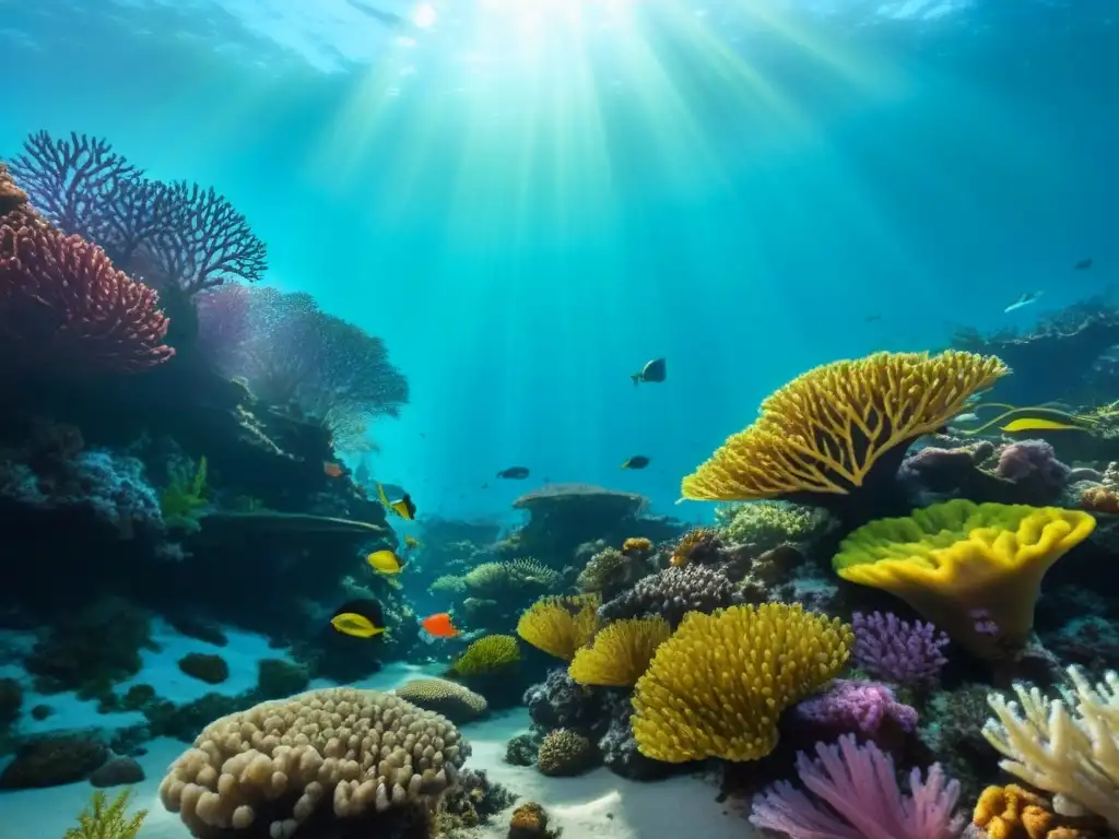 Un arrecife de coral vibrante lleno de vida marina, reflejando la biodiversidad marina