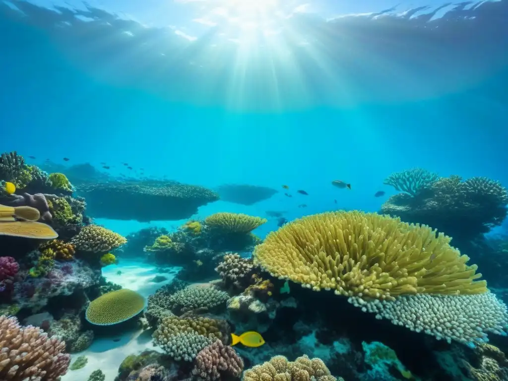 Un arrecife de coral vibrante lleno de peces coloridos, bajo aguas turquesas claras