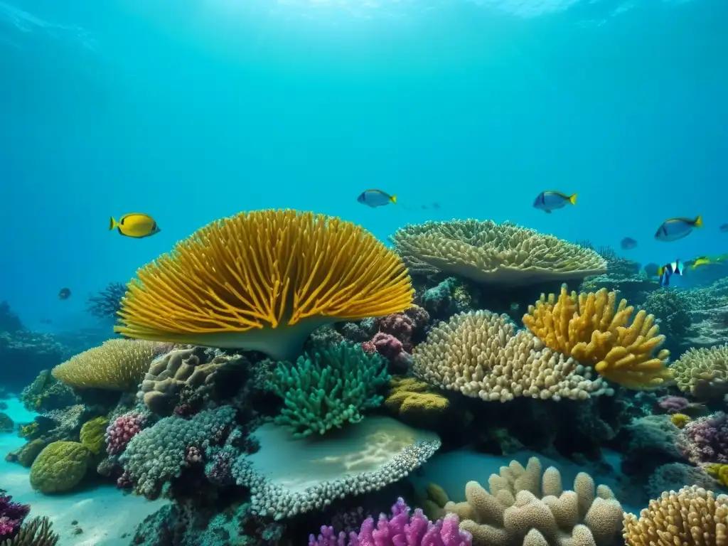 Un arrecife de coral vibrante lleno de peces coloridos en un mar turquesa, transmitiendo la belleza del ecoturismo marítimo responsable aventuras