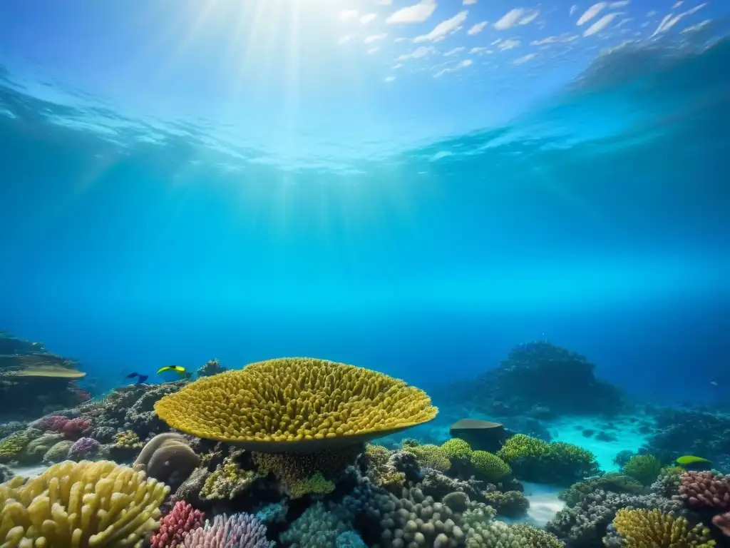 Un arrecife de coral vibrante y repleto de vida marina, en un fondo de océano cristalino