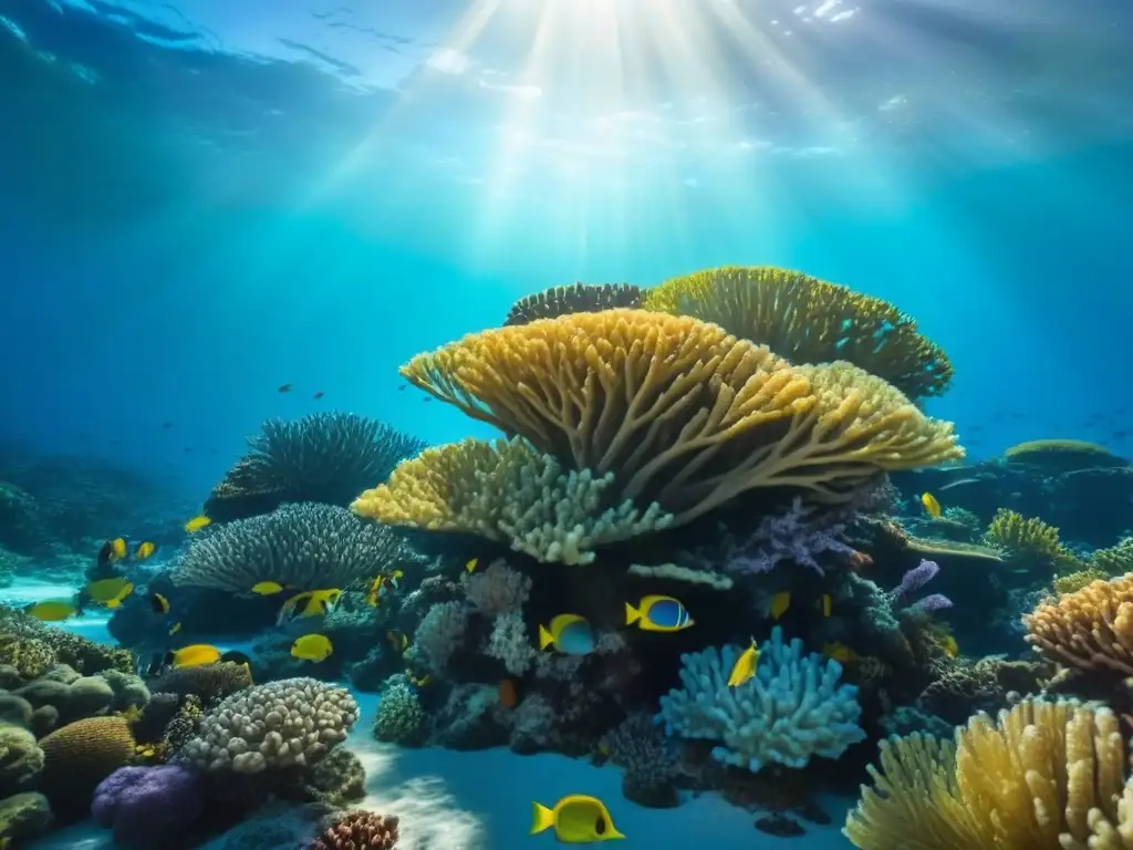 Un arrecife de coral vibrante repleto de peces coloridos bajo el agua cristalina, creando un juego de luces y sombras