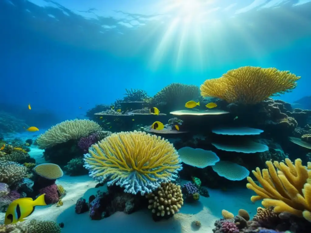 Un arrecife de coral vibrante, repleto de peces coloridos y vida marina, perfecto para torneos de buceo en arrecifes