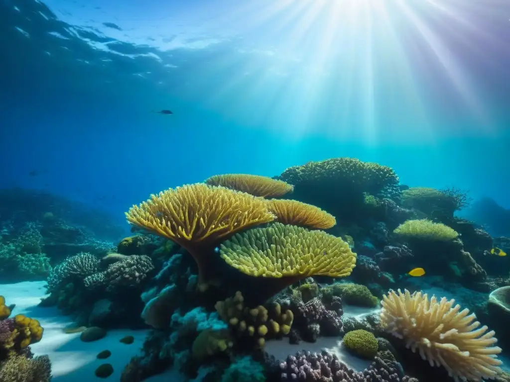 Un arrecife de coral vibrante repleto de peces coloridos y plantas submarinas exóticas, con la luz del sol creando un espectáculo de luces y sombras