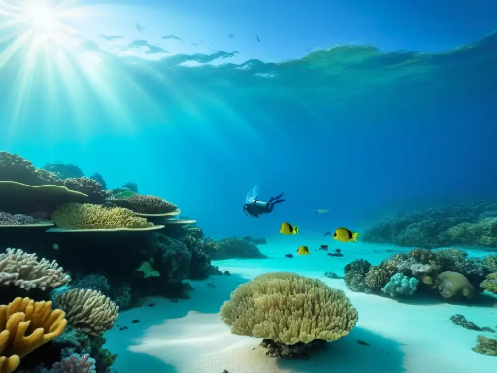 Un arrecife de coral vibrante repleto de peces coloridos y buceadores explorando en tranquilidad