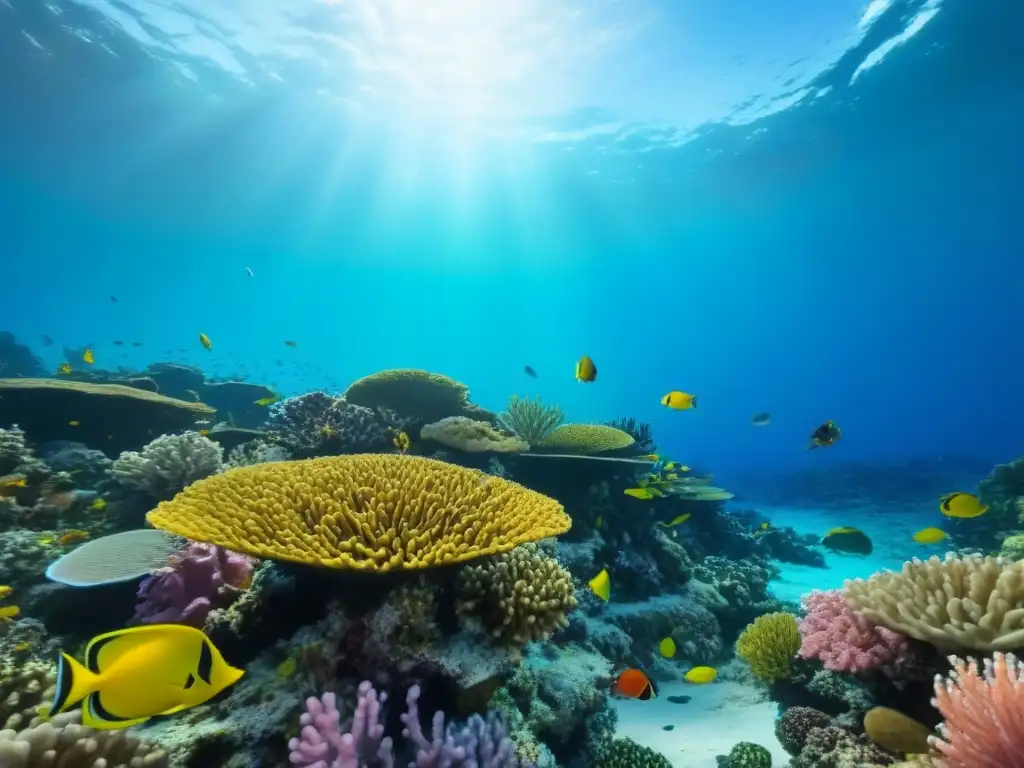 Un arrecife de coral vibrante repleto de peces coloridos, en un mar cristalino