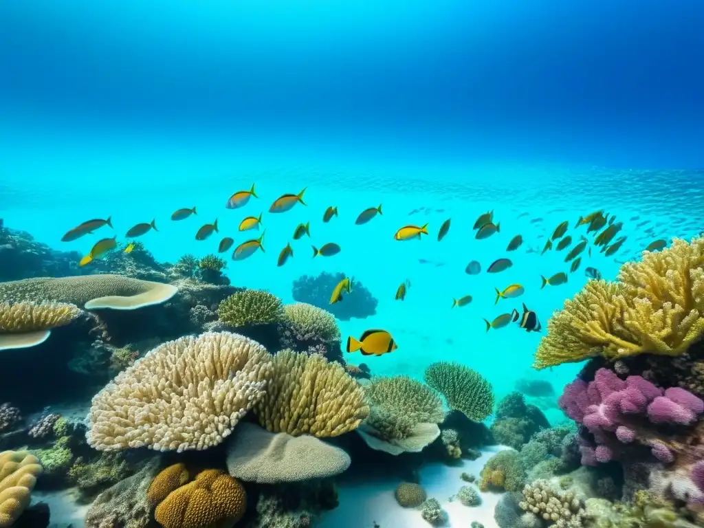 Un arrecife de coral vibrante repleto de vida marina, en aguas turquesas cristalinas