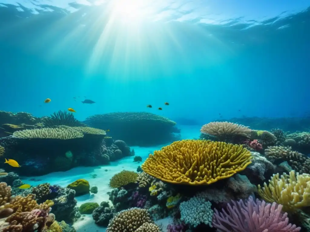 Un arrecife de coral vibrante rodeado de aguas cristalinas, habitado por peces coloridos