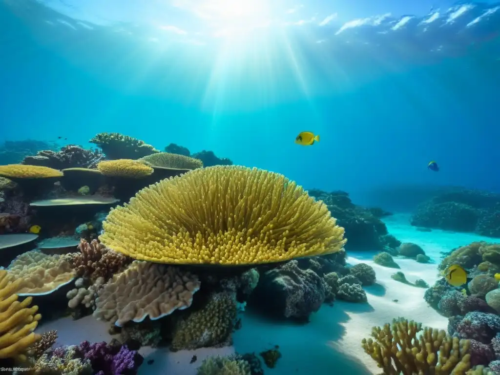 Un arrecife de coral prístino lleno de peces coloridos y vida marina vibrante, bajo aguas turquesas cristalinas