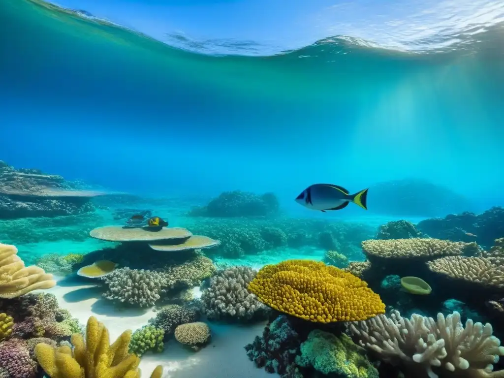 Un arrecife de coral prístino lleno de peces coloridos y vida marina vibrante, en aguas turquesa cristalinas