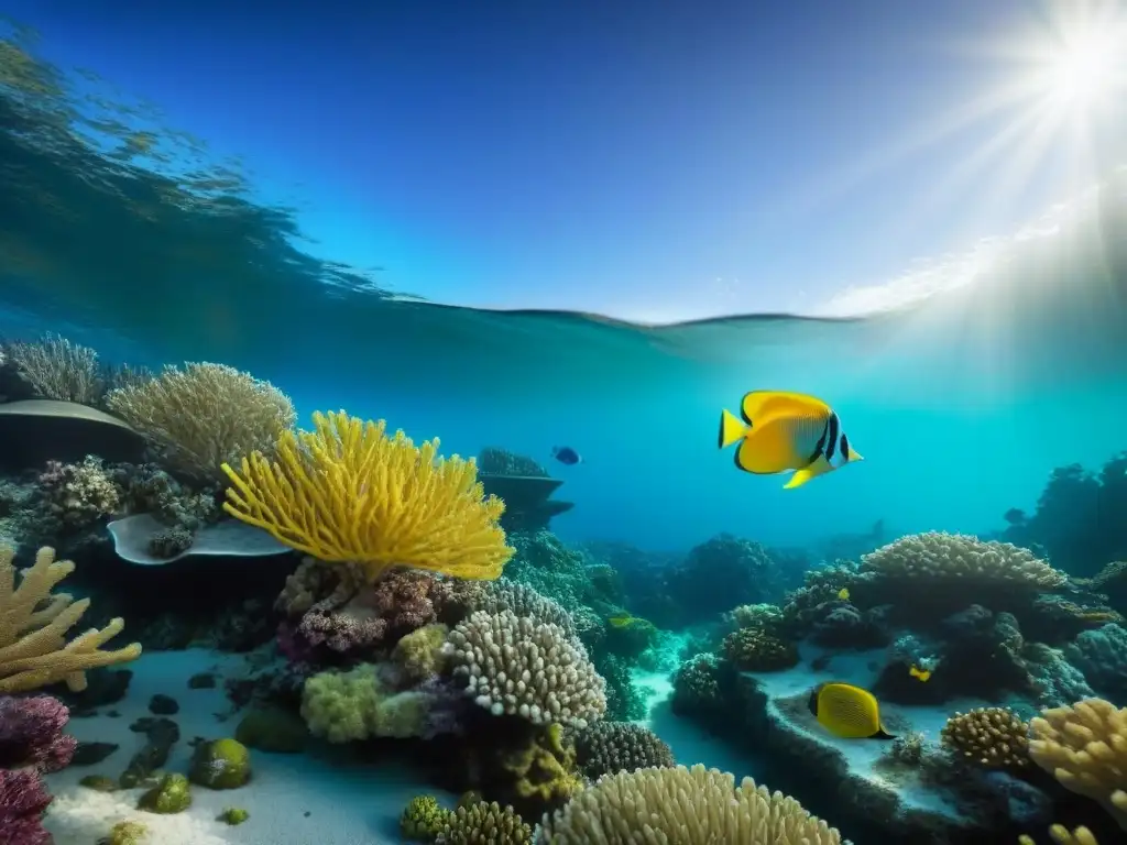 Un arrecife de coral prístino lleno de peces coloridos y vida marina vibrante, destacando la belleza y la importancia de la conservación de arrecifes