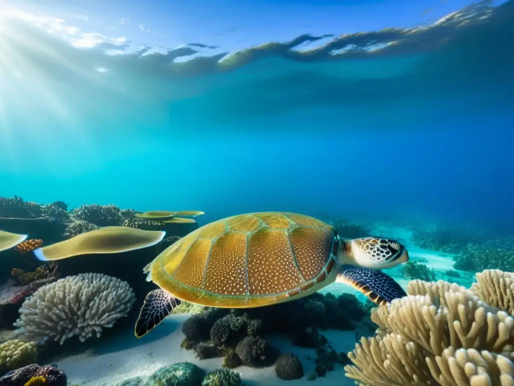 Un arrecife de coral prístino, lleno de vida marina colorida, bajo aguas turquesas cristalinas