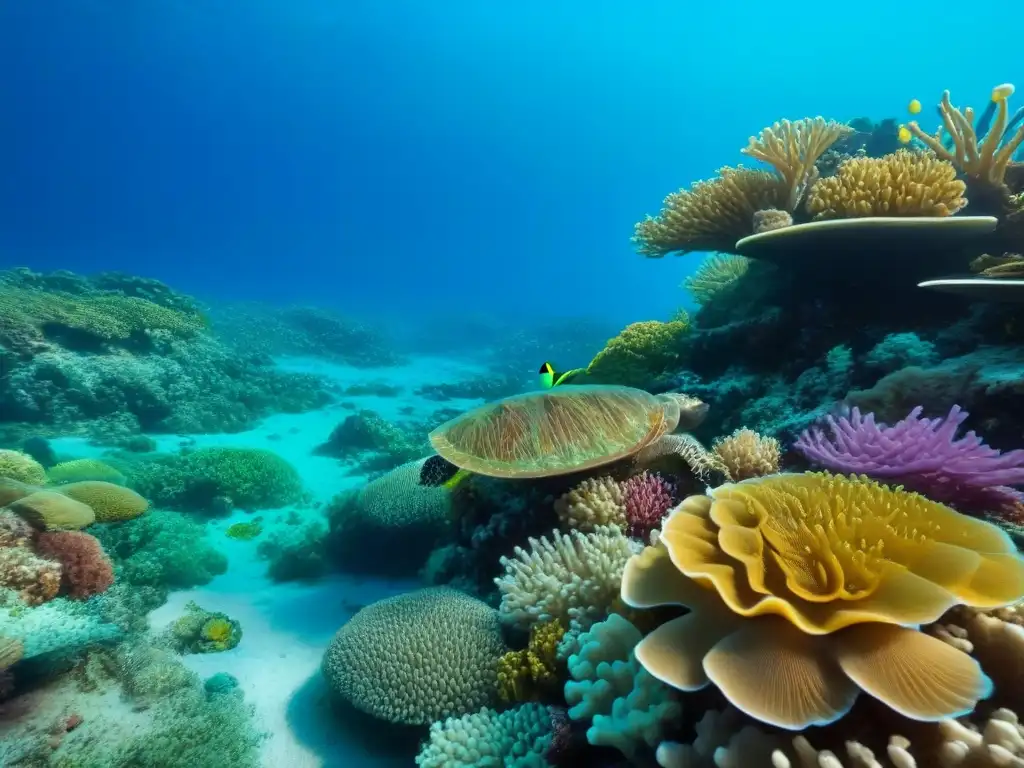 Un arrecife de coral prístino rebosante de vida marina, en contraste con aguas turquesas cristalinas