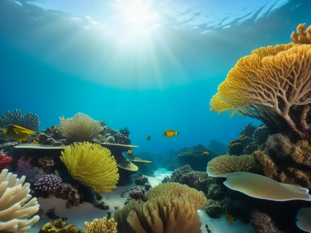 Un arrecife de coral prístino con vida marina vibrante, resaltando la belleza y diversidad de especies marinas en su hábitat natural