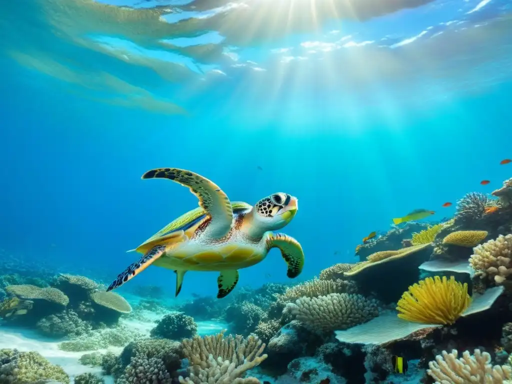 Un arrecife de coral rebosante de vida marina vibrante, peces coloridos y una tortuga marina, bajo la luz del sol