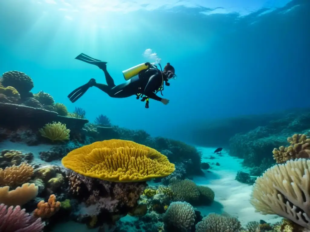 Exploración marina en arrecife de coral vibrante con buceadores, reflejando la belleza y serenidad del mar