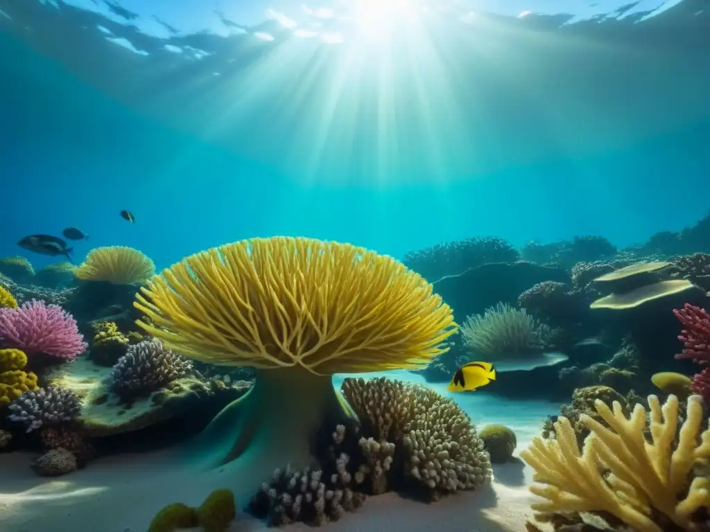 Un arrecife de coral vibrante bajo el mar, peces coloridos y plantas marinas