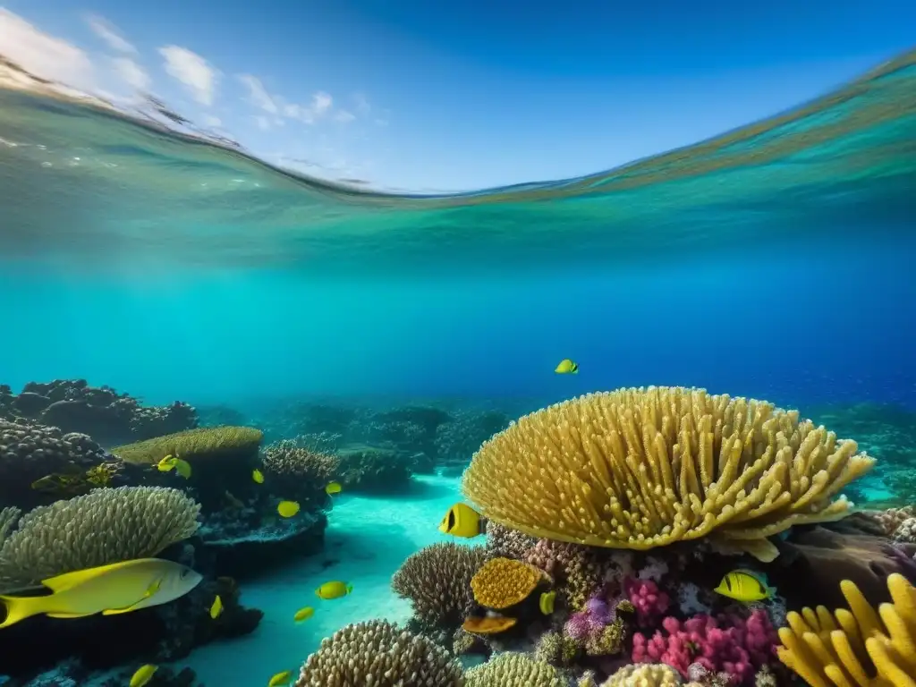 Un arrecife de coral vibrante con peces coloridos en aguas turquesas