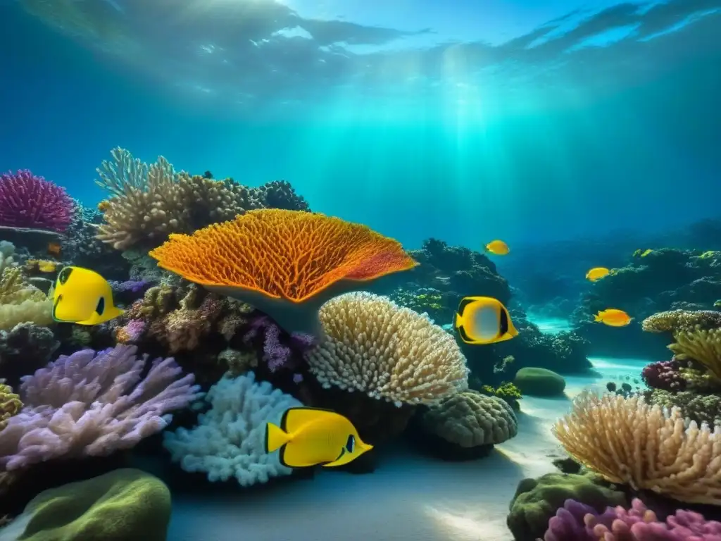 Majestuoso arrecife de coral: vida marina en equilibrio Un arrecife de coral vibrante, peces coloridos nadando en aguas serenas