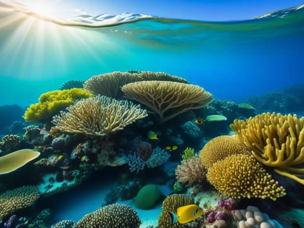 Un arrecife de coral vibrante con peces coloridos y vida marina, destacando la belleza frágil de los ecosistemas marinos