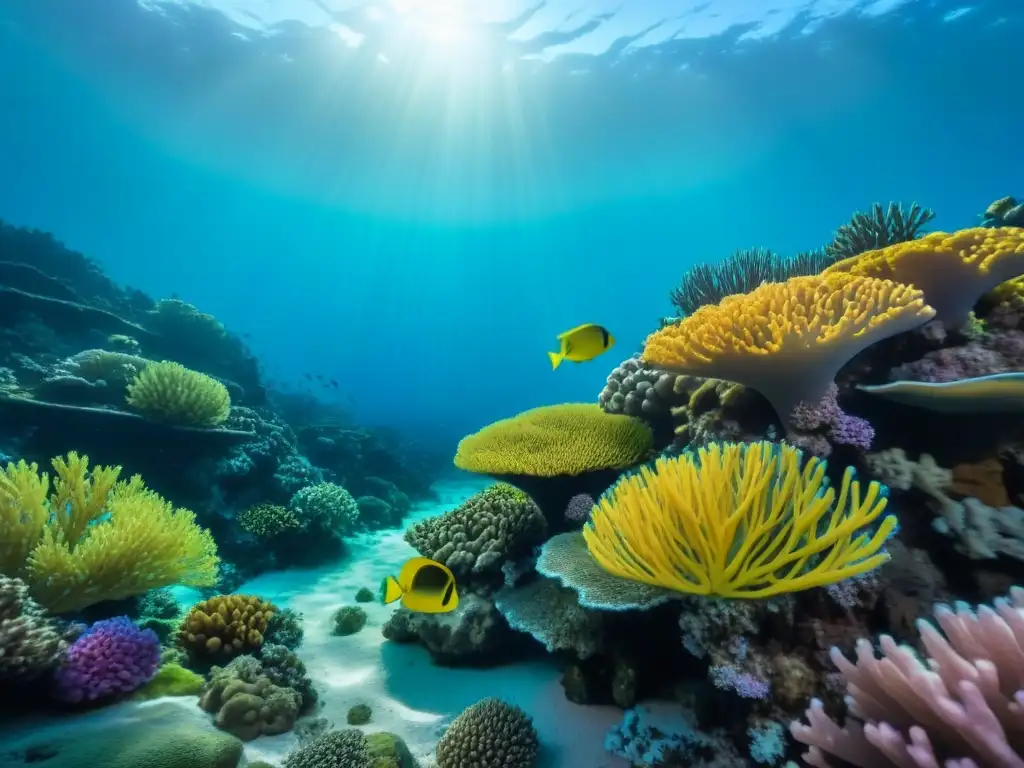 Un arrecife de coral vibrante con peces coloridos nadando entre formaciones coralinas, reflejando la belleza y biodiversidad de hábitats marinos protegidos por itinerarios cruceros ecológicos