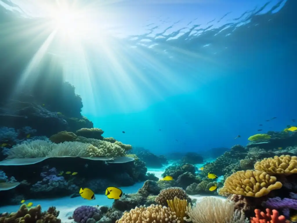 Un arrecife de coral vibrante con peces coloridos y agua cristalina, transmitiendo tranquilidad